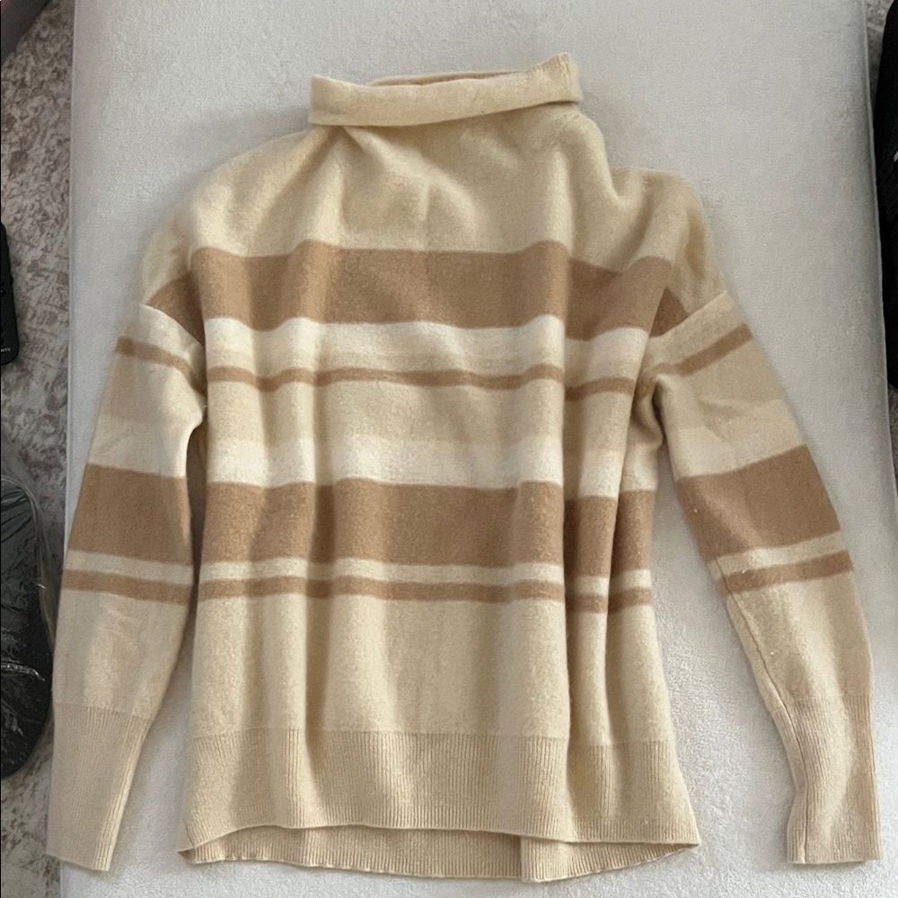 Vince Cream and Tan Striped Turtleneck Sweater